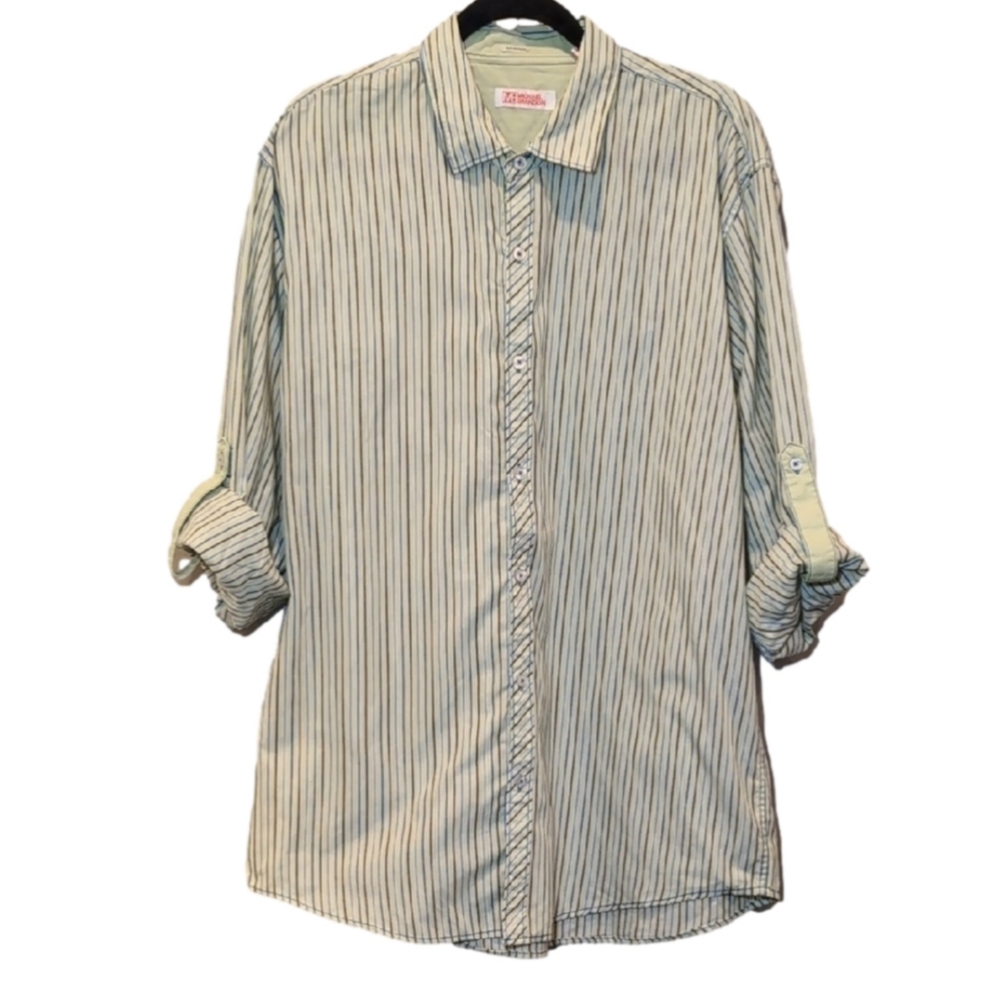 Michael Brandon Striped Mens Shirt Button Down Convertible Roll Tab Casual